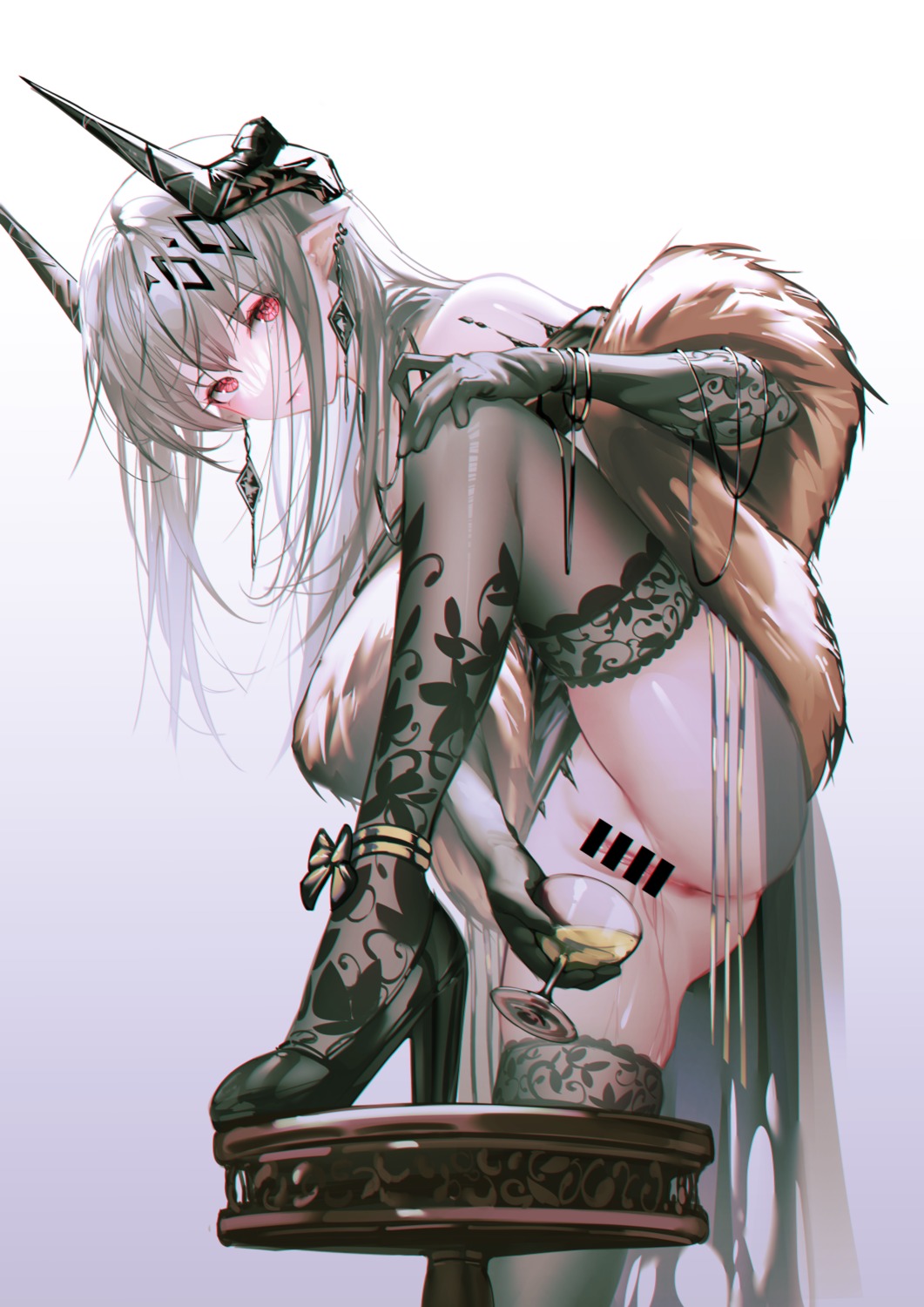 arknights bottomless censored heels horns iumu mudrock_(arknights) pee pointy_ears pussy thighhighs