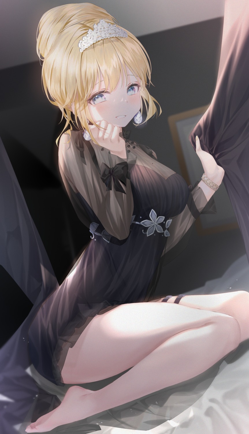 cleavage dress hololive hololive_english no_bra pola_(1021) see_through watson_amelia