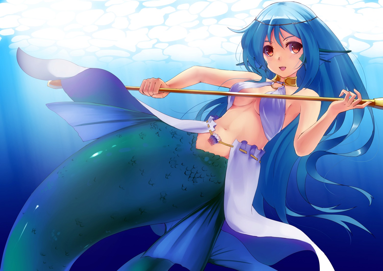 cleavage mermaid mizuki_ame monster_girl no_bra tail weapon