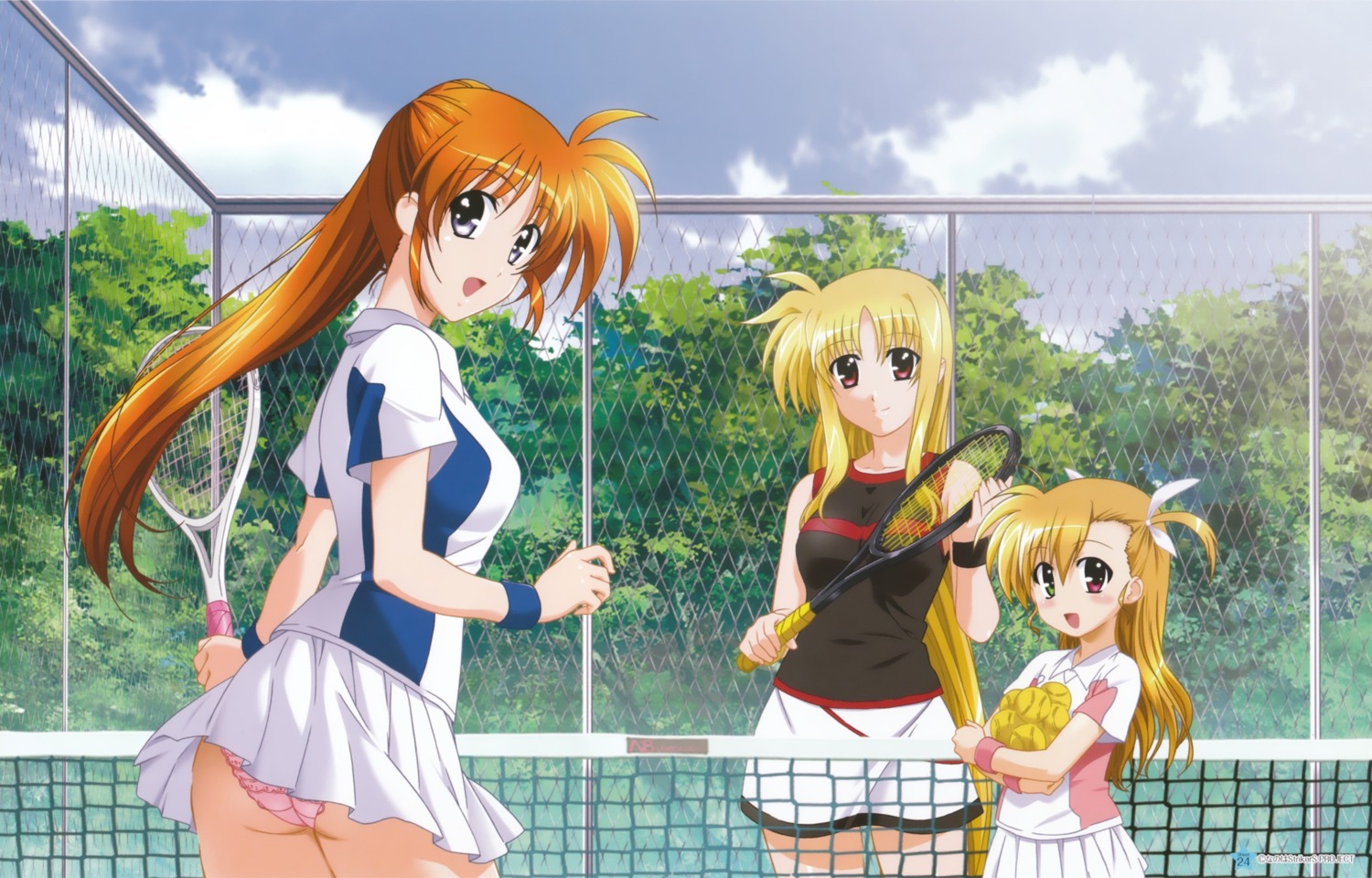 ass fate_testarossa heterochromia mahou_shoujo_lyrical_nanoha mahou_shoujo_lyrical_nanoha_strikers okuda_yasuhiro pantsu takamachi_nanoha tennis vivio