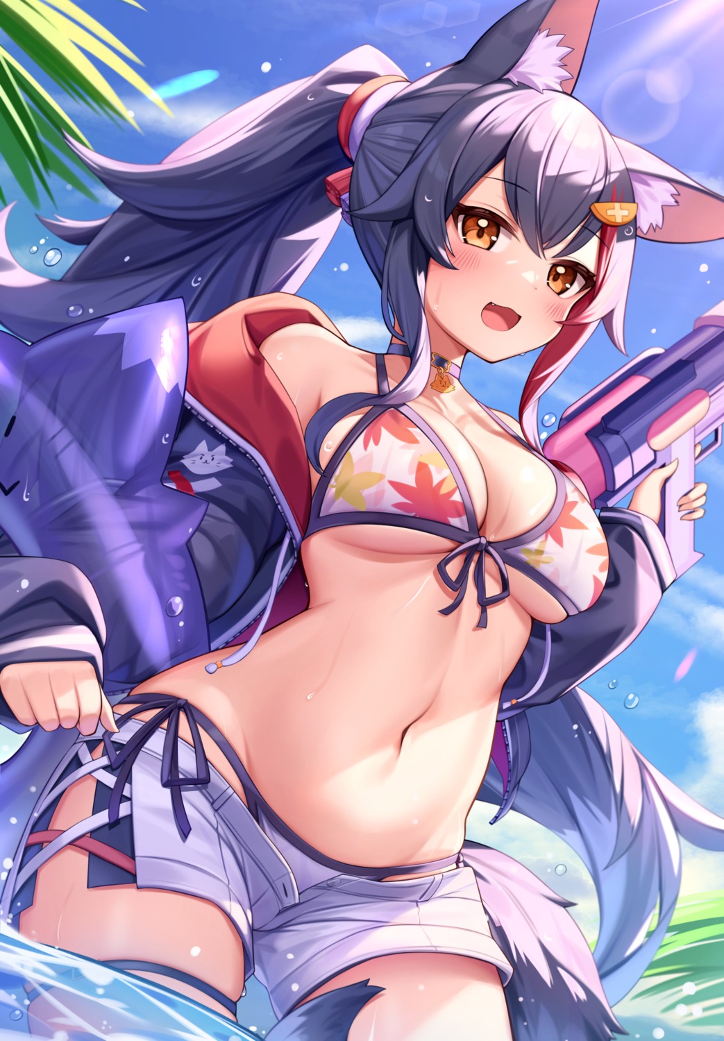 animal_ears bikini deaver garter gun hololive hololive_gamers ookami_mio open_shirt swimsuits tail wet