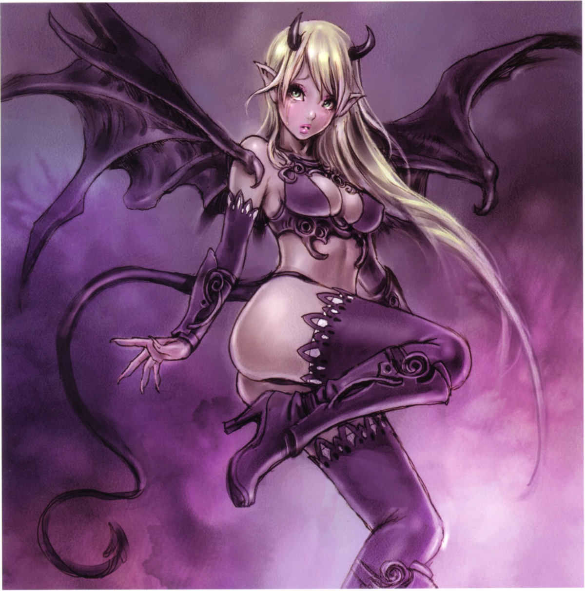 cleavage devil horns tail thighhighs thong wings yamashita_shunya