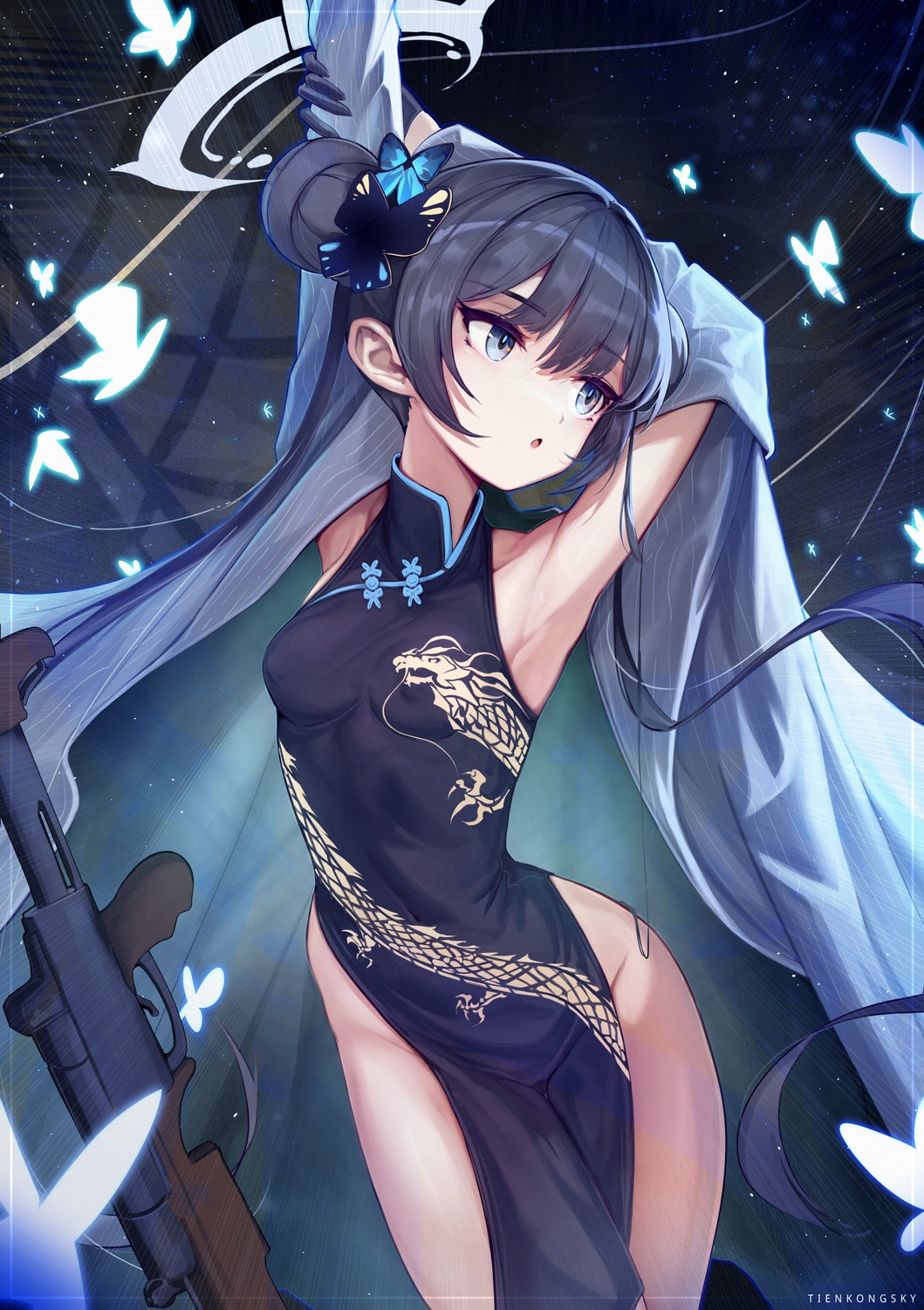 blue_archive chinadress erect_nipples gun halo loli no_bra nopan ryuuge_kisaki skyxperish