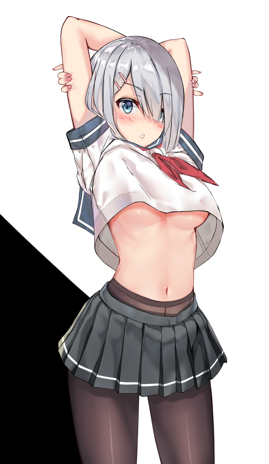 hamakaze_(kancolle) kantai_collection muka_tsuku no_bra pantyhose seifuku shirt_lift underboob