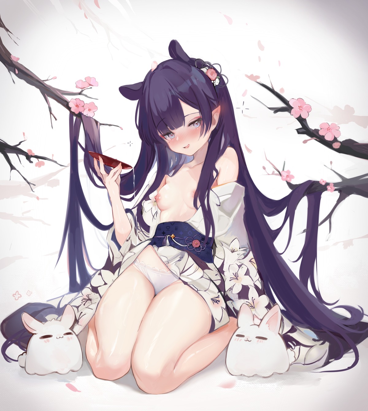 animal_ears hololive hololive_english koahri ninomae_ina'nis nipples no_bra open_shirt pantsu pointy_ears yukata