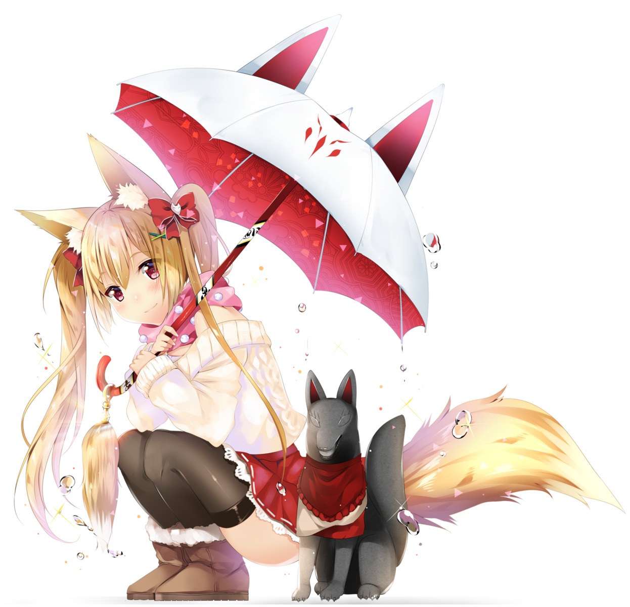 animal_ears kitsune nopan sweater tail thighhighs umbrella usagihime
