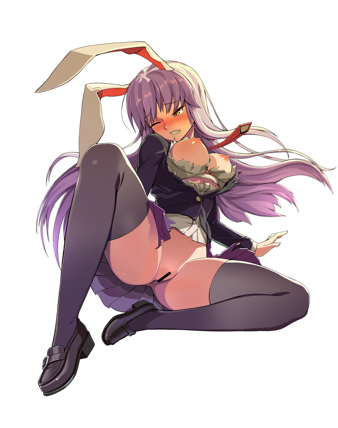animal_ears bra breasts bunny_ears censored ddism nipples nopan open_shirt pussy reisen_udongein_inaba thighhighs torn_clothes touhou wardrobe_malfunction