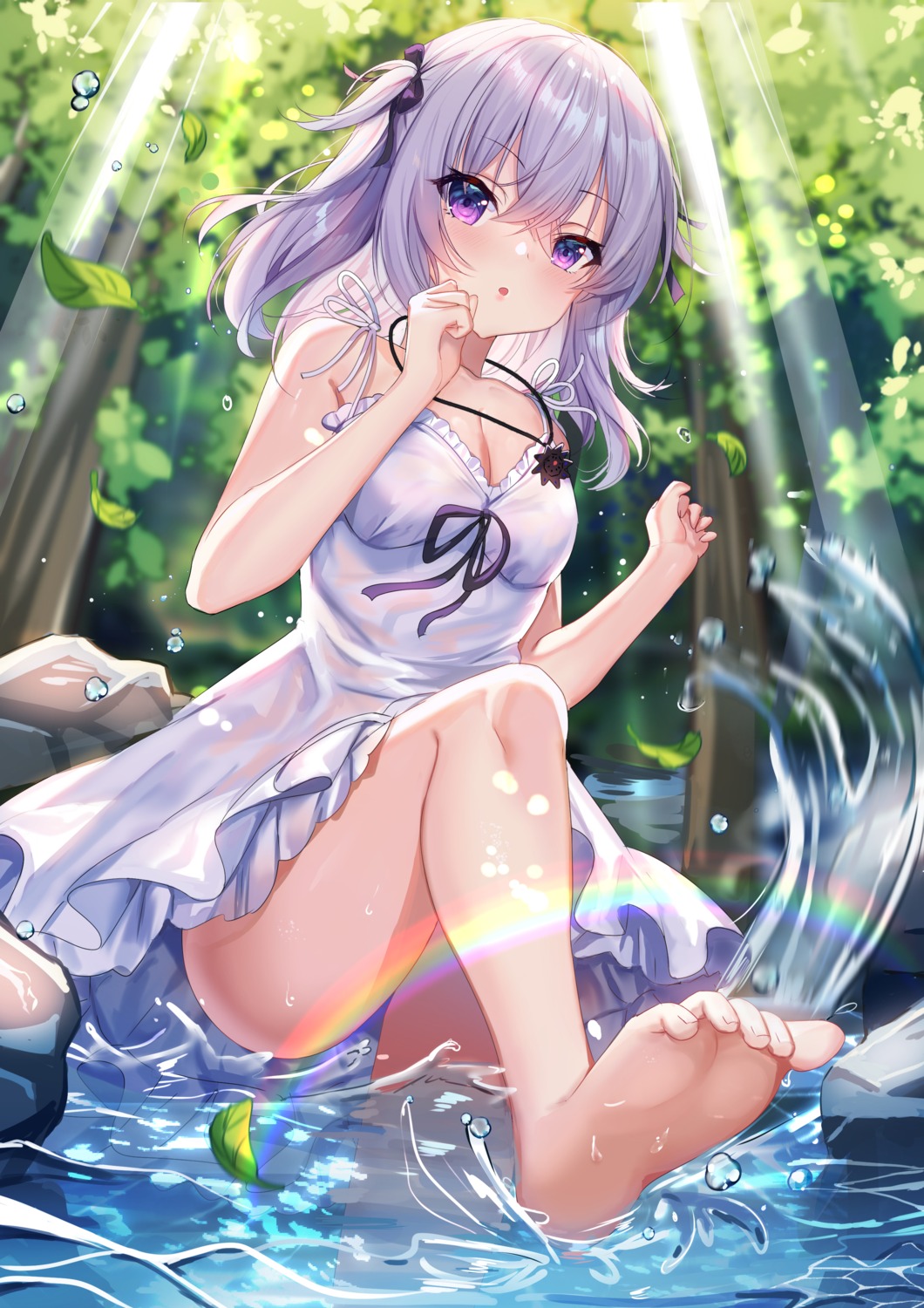 cleavage dress erect_nipples feet see_through shanguier skirt_lift summer_dress wet wet_clothes