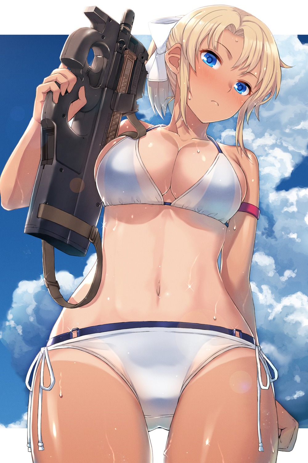 bikini cleavage gun itou_(onsoku_tassha) see_through swimsuits tan_lines wet