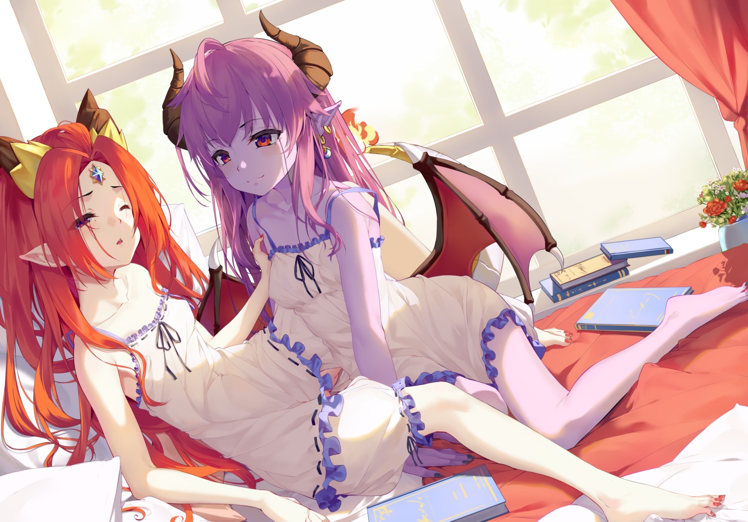 aoi_(buzhuen444) bloomers dress feet horns no_bra nopan pajama pointy_ears wings yuri