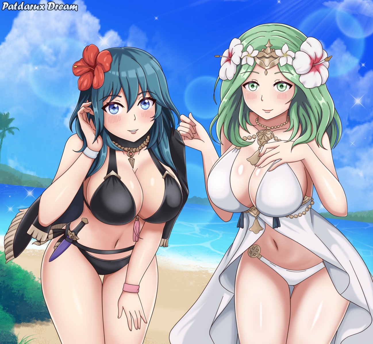 bikini byleth_(fire_emblem) cleavage fire_emblem fire_emblem_heroes fire_emblem_three_houses patdarux rhea_(fire_emblem) swimsuits weapon