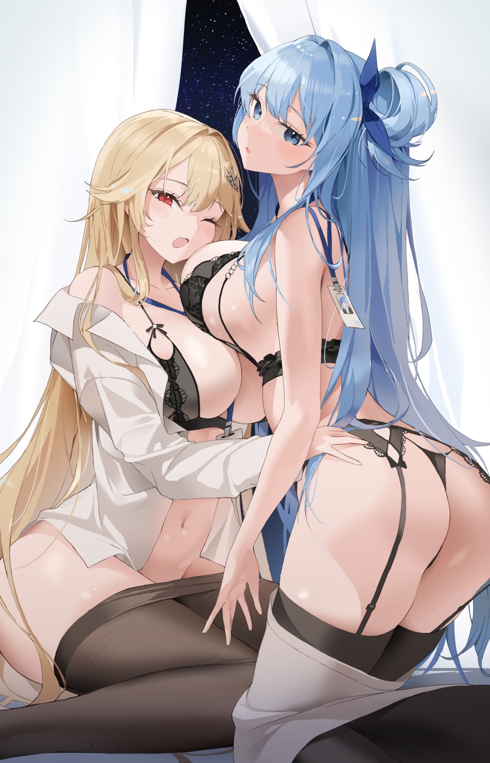 ass bra choyeon cream_(cream) dress_shirt garter_belt lingerie nopan open_shirt pantsu pantyhose stockings thighhighs thong yuksi_(yuksi) yuri