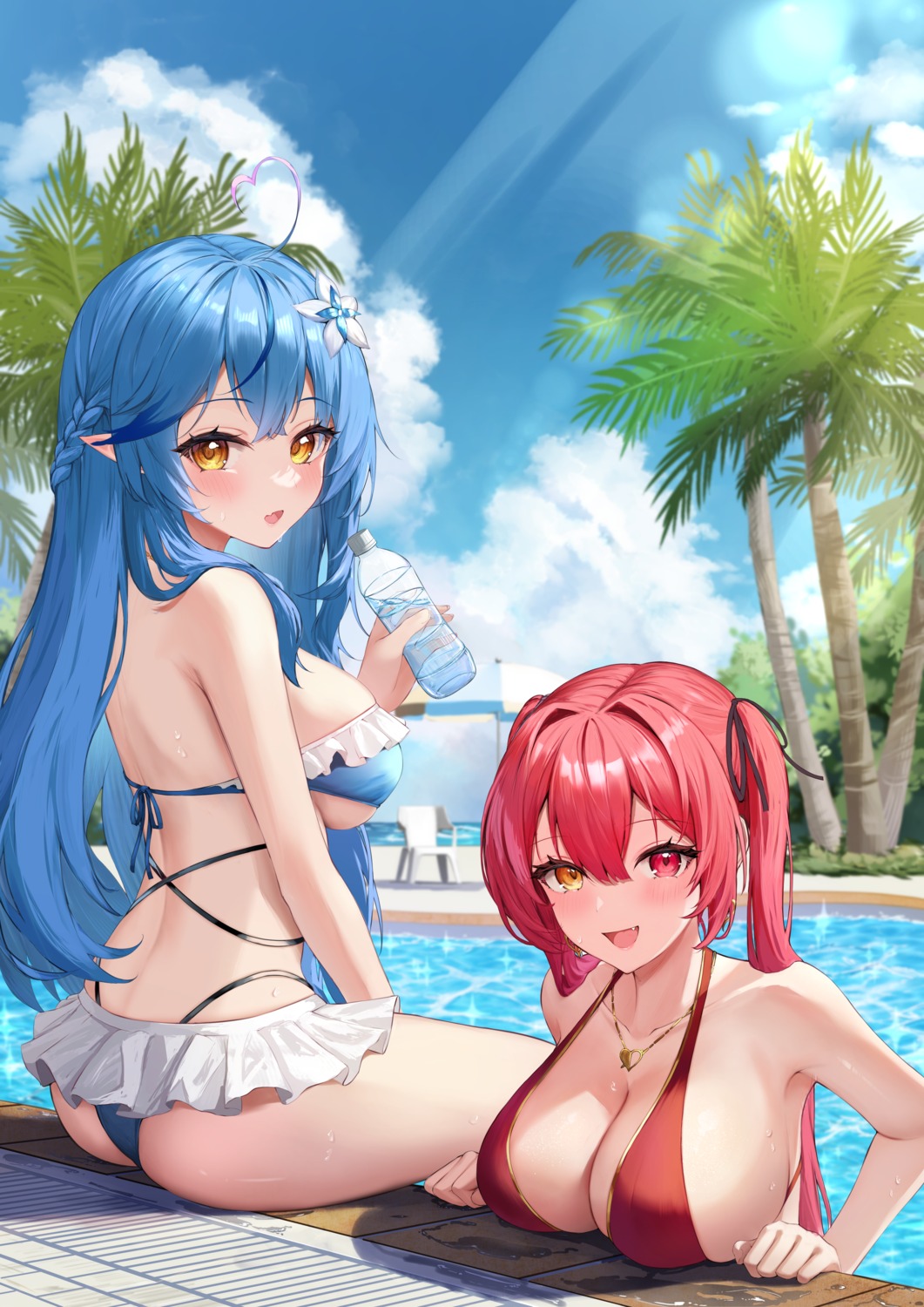 ass bikini bikini_top elf heterochromia hololive houshou_marine pointy_ears suiran_(liquiddoes) swimsuits thong wet yukihana_lamy