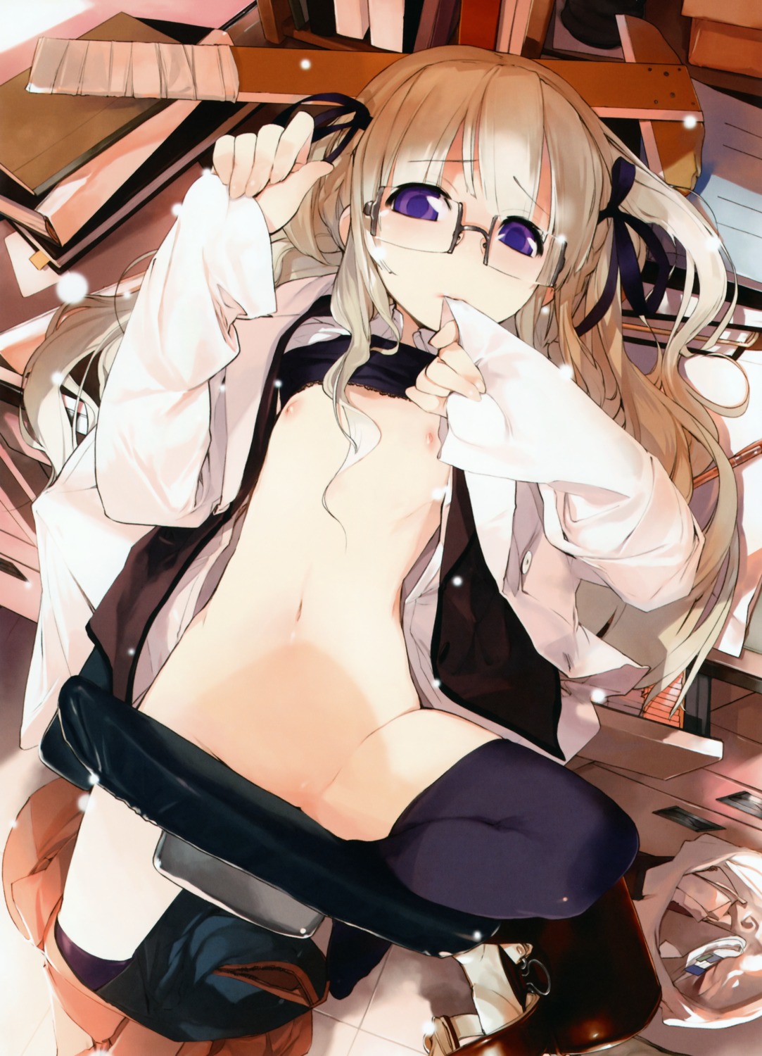 loli megane nipples nopan open_shirt shirt_lift thighhighs unaji