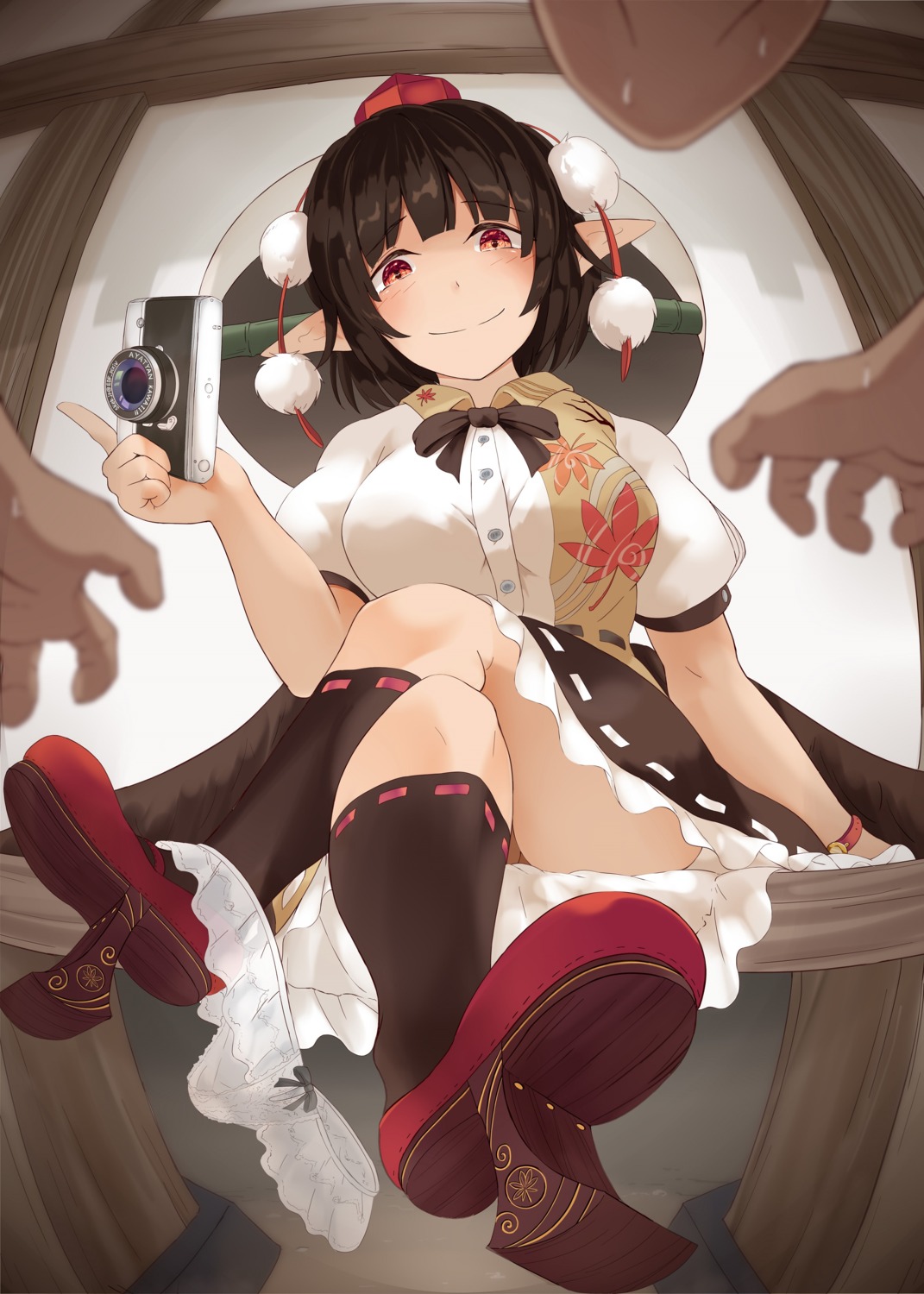 kagami_toufu pantsu panty_pull pointy_ears shameimaru_aya skirt_lift touhou wings