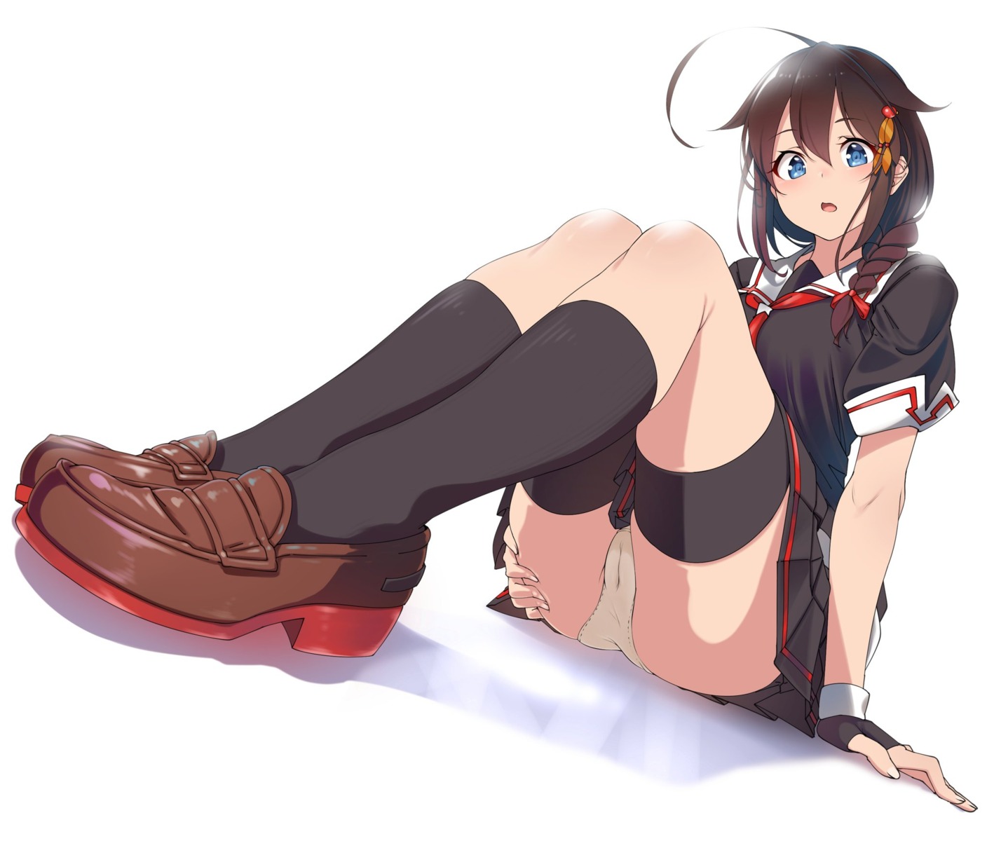 cameltoe garter kantai_collection pantsu seifuku shigure_(kancolle) shinomu_(cinomoon) skirt_lift