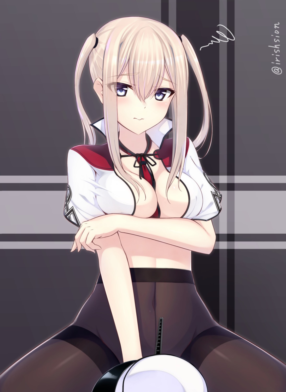 breast_hold graf_zeppelin_(kancolle) kantai_collection murasame_shia no_bra nopan open_shirt pantyhose uniform