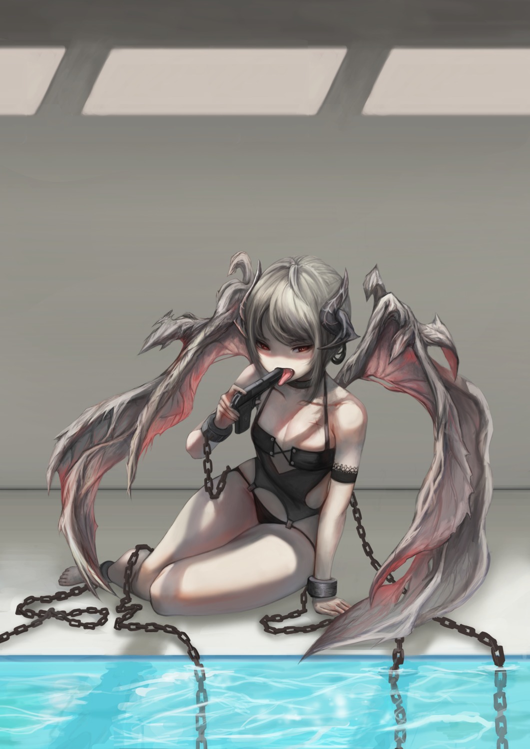 bondage cleavage devil dori_(9720xyz) gun horns no_bra pantsu wings