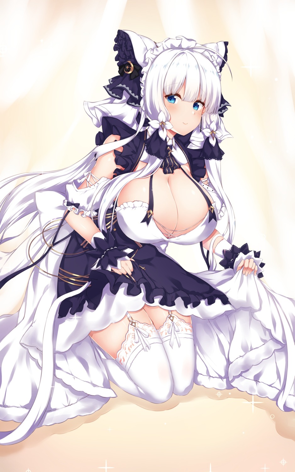 azur_lane cheshire_(azur_lane) cosplay illustrious_(azur_lane) maid mamizu no_bra skirt_lift stockings thighhighs