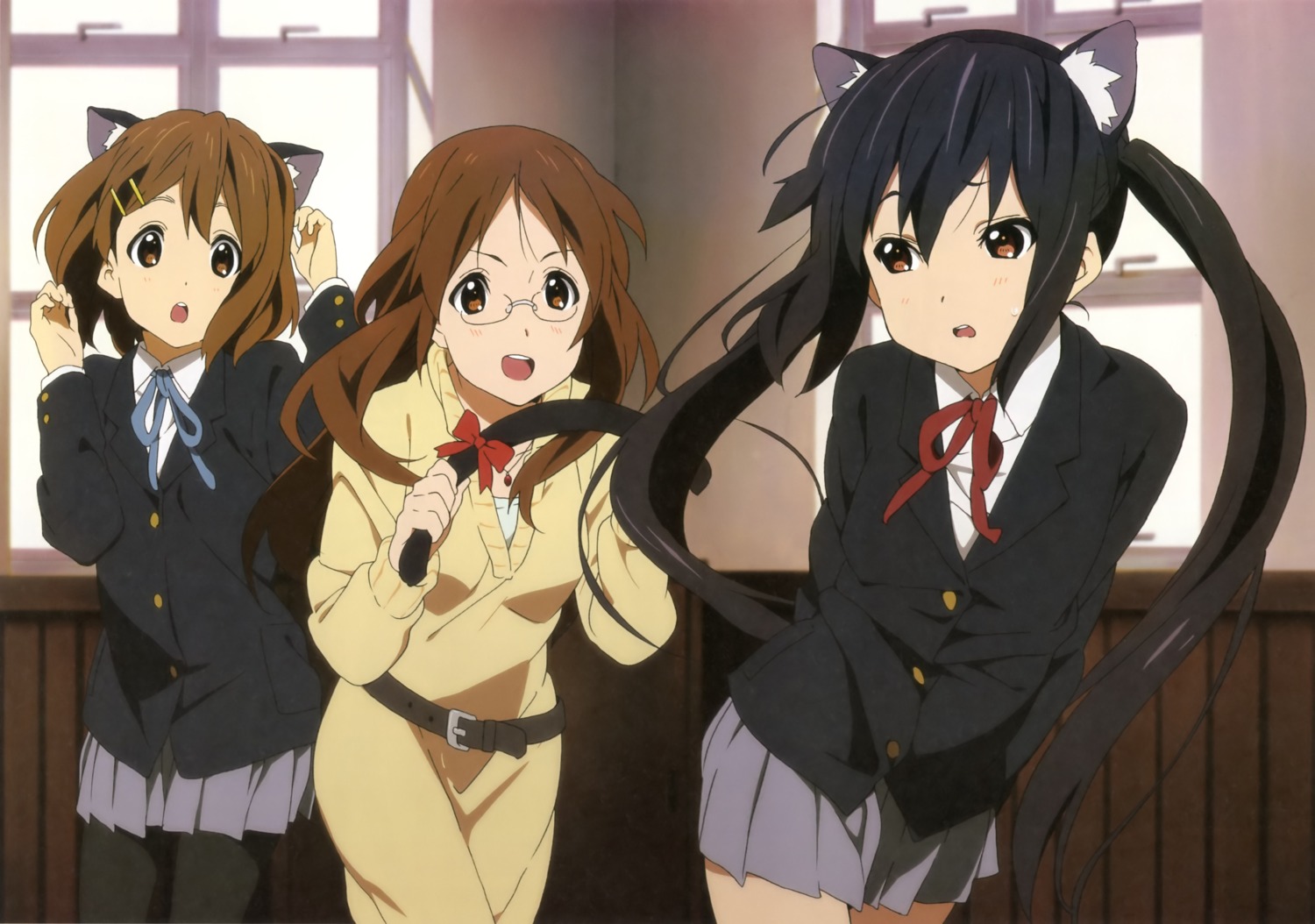 animal_ears hirasawa_yui horiguchi_yukiko jpeg_artifacts k-on! megane nakano_azusa nekomimi pantyhose seifuku yamanaka_sawako