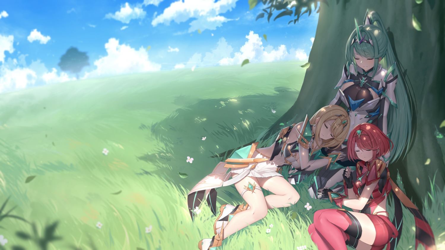 bodysuit cleavage garter hikari_(xenoblade_2) homura_(xenoblade_2) landscape pneuma_(xenoblade_2) roi_(liu_tian) thighhighs xenoblade xenoblade_chronicles_2