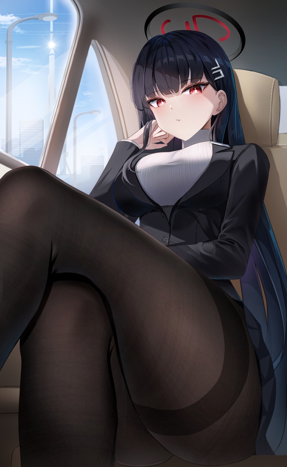 blue_archive business_suit halo li_se pantyhose skirt_lift sweater tsukatsuki_rio