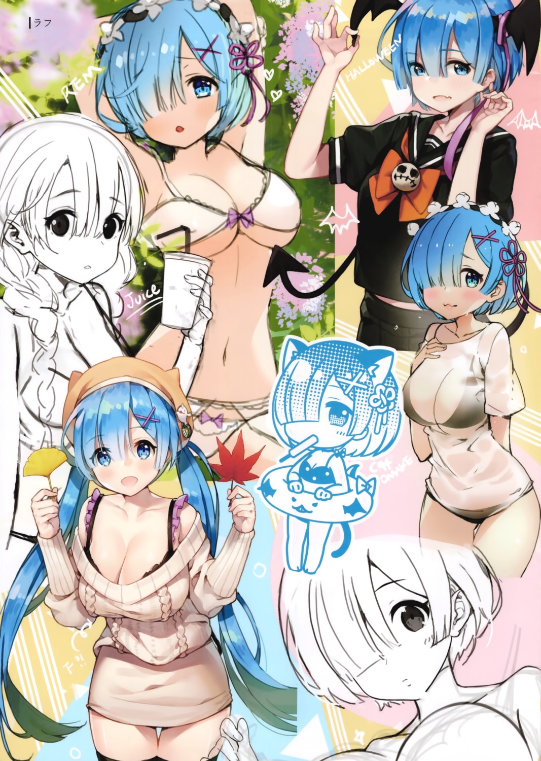 ayamy bikini bra cleavage garter_belt hachigo halloween open_shirt pantsu re_zero_kara_hajimeru_isekai_seikatsu rem_(re_zero) see_through seifuku sketch sweater swimsuits tail thighhighs underboob wings