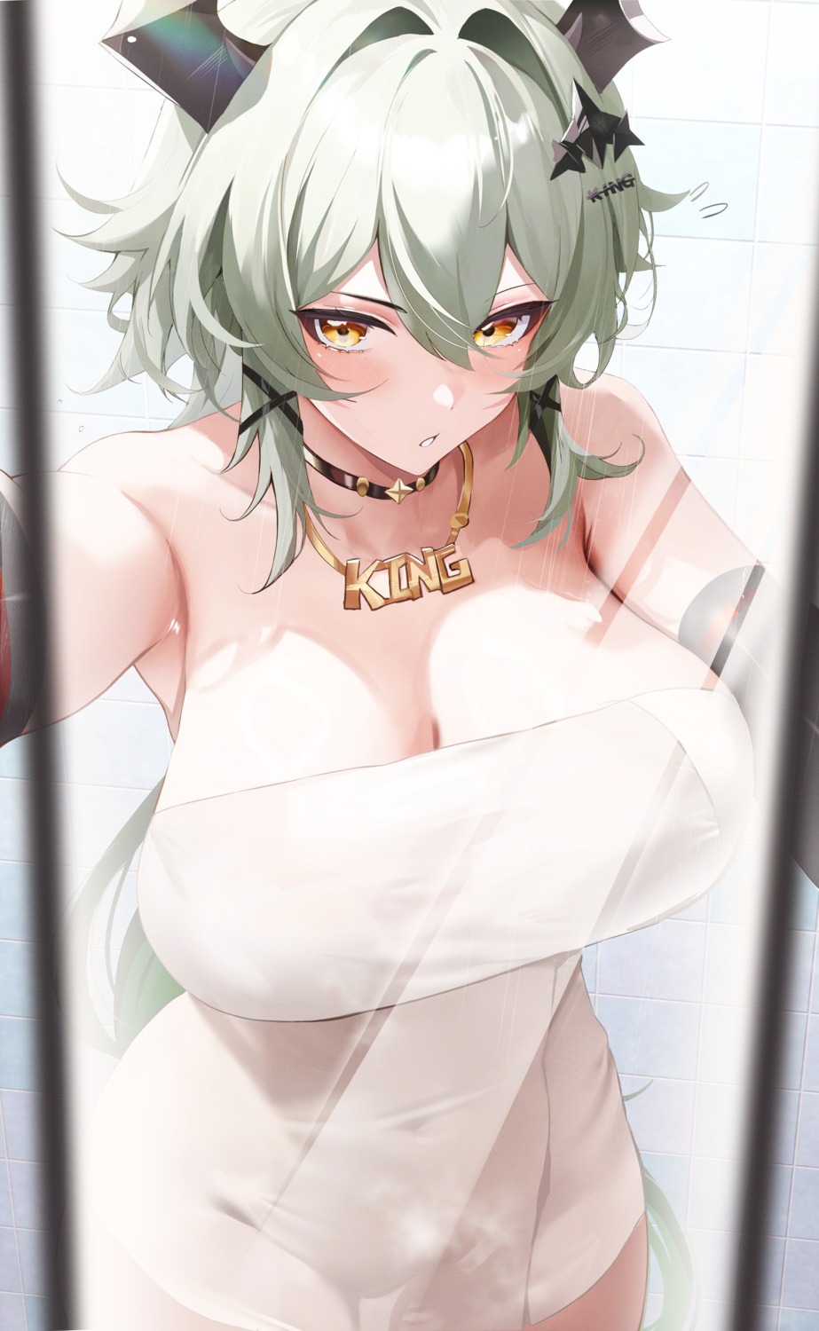 caesar_king cleavage fantongjun horns see_through towel wet zenless_zone_zero