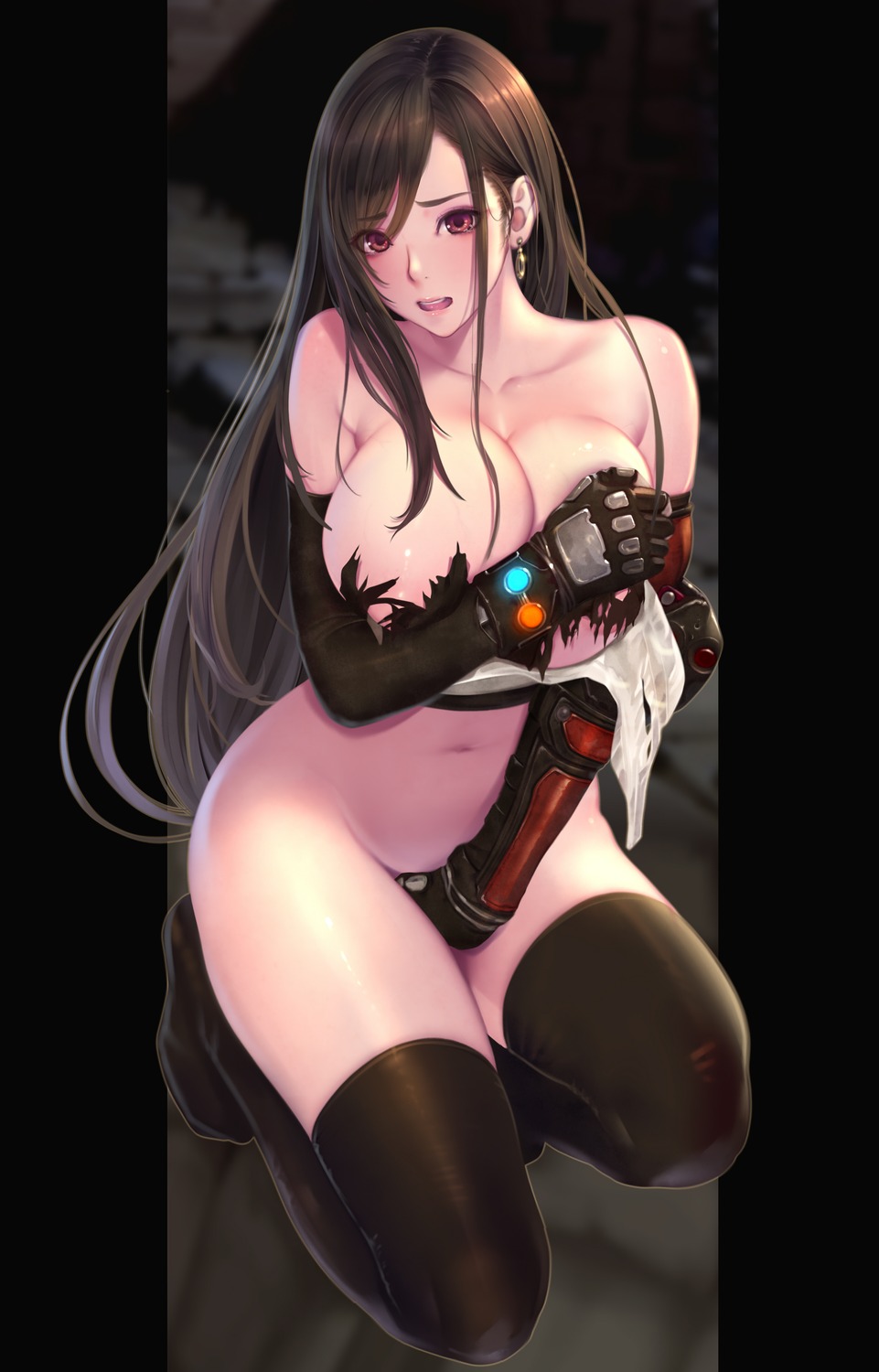 areola bottomless breast_hold circle_hitori final_fantasy final_fantasy_vii no_bra thighhighs tifa_lockhart torn_clothes