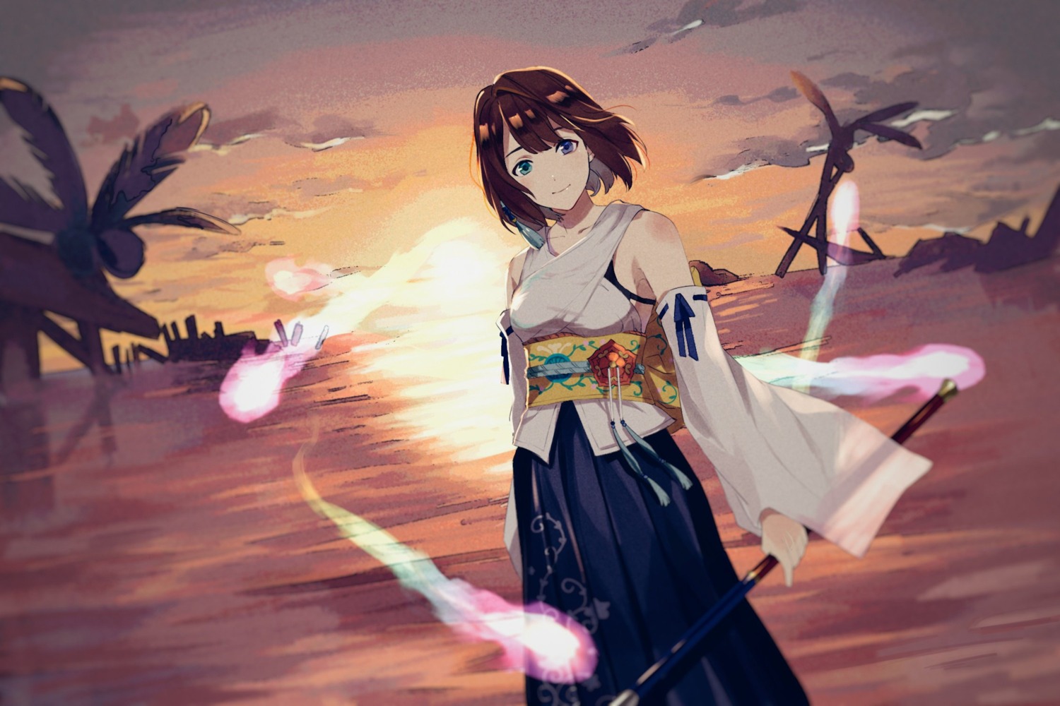 final_fantasy final_fantasy_x heterochromia japanese_clothes yawatofu yuna