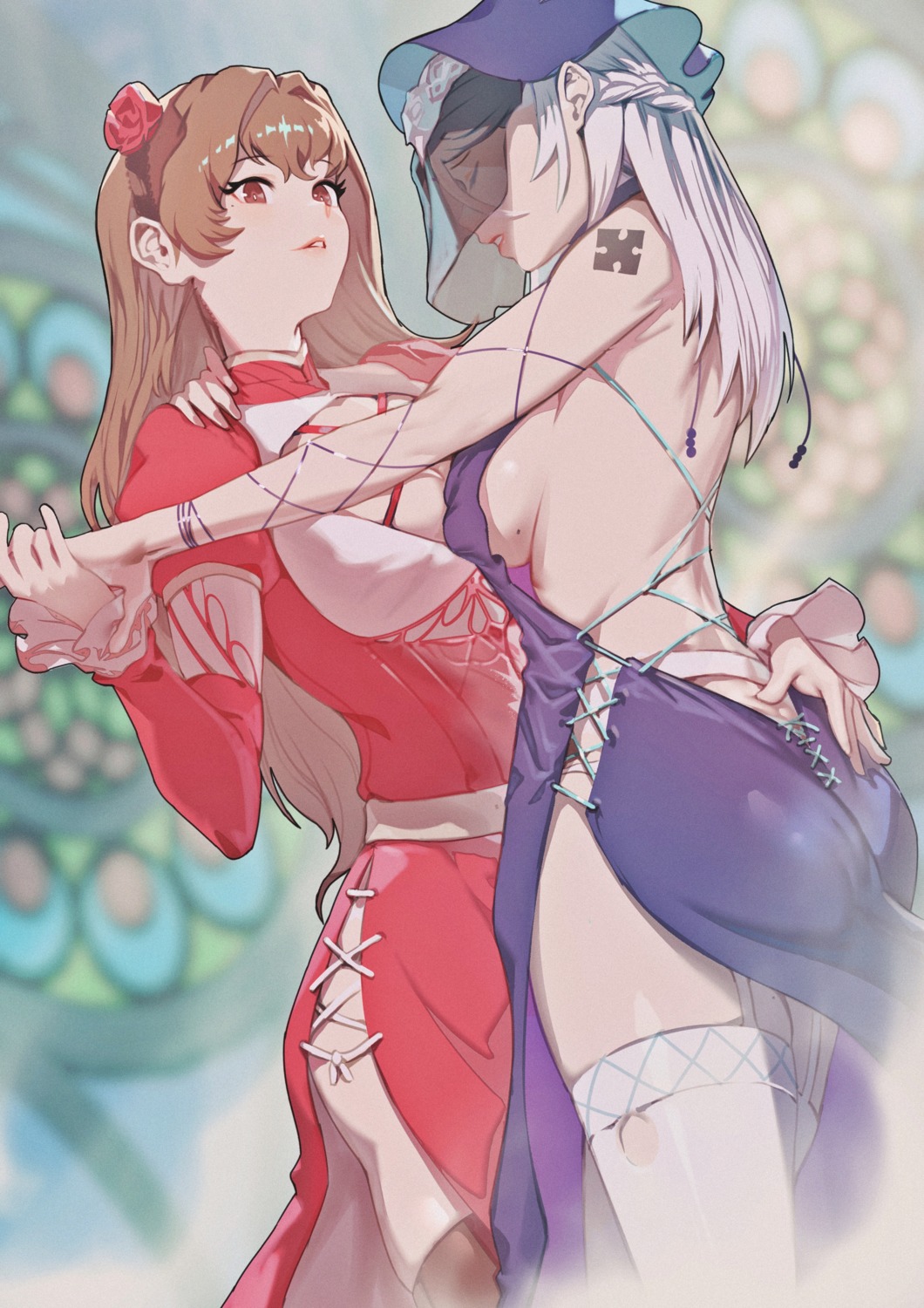 ass cleavage dress jin_rou no_bra skirt_lift stockings tattoo thighhighs yuri