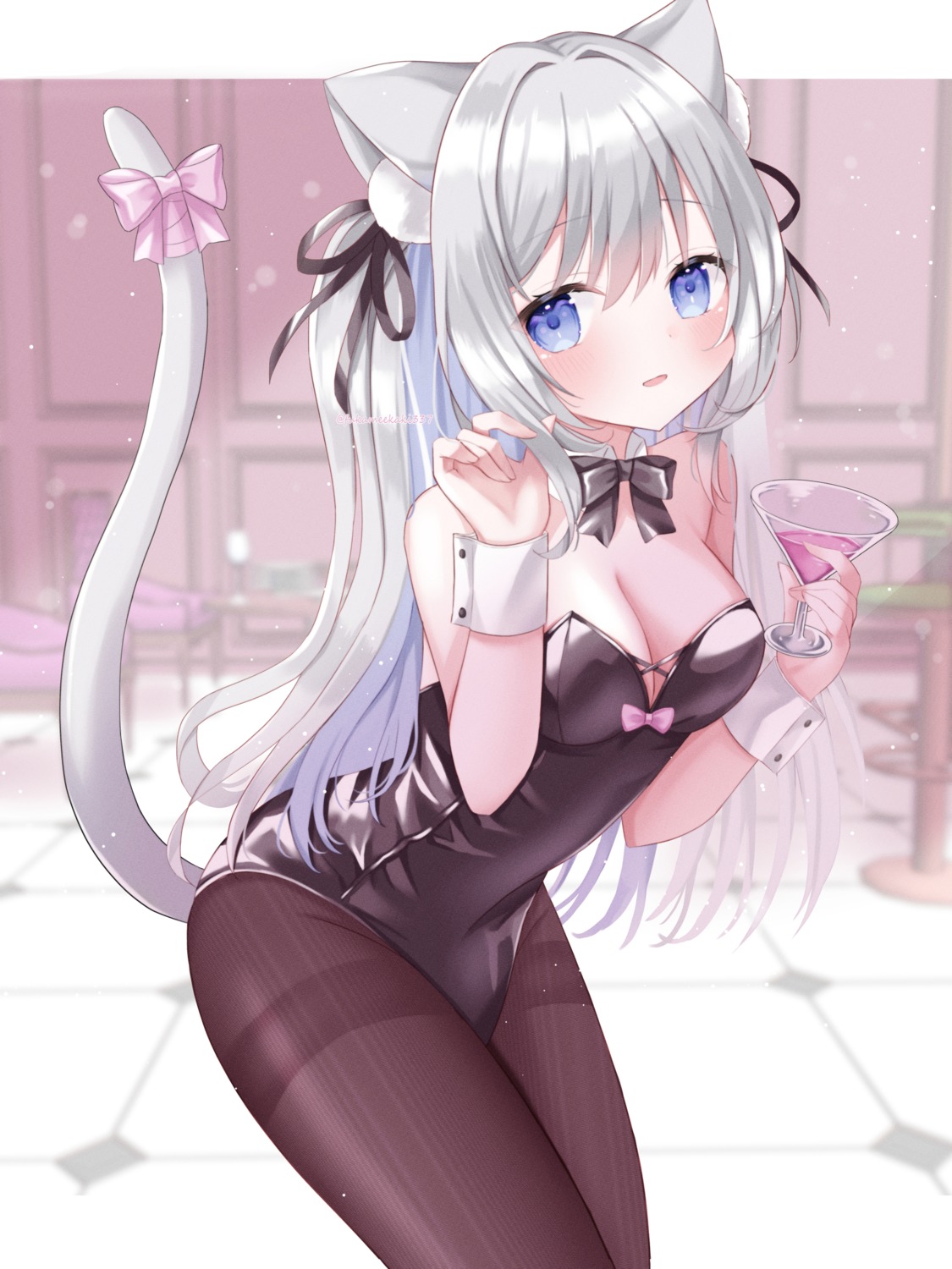 animal_ears fukamimi_(fukameekaki337) leotard nekomimi no_bra pantyhose tail