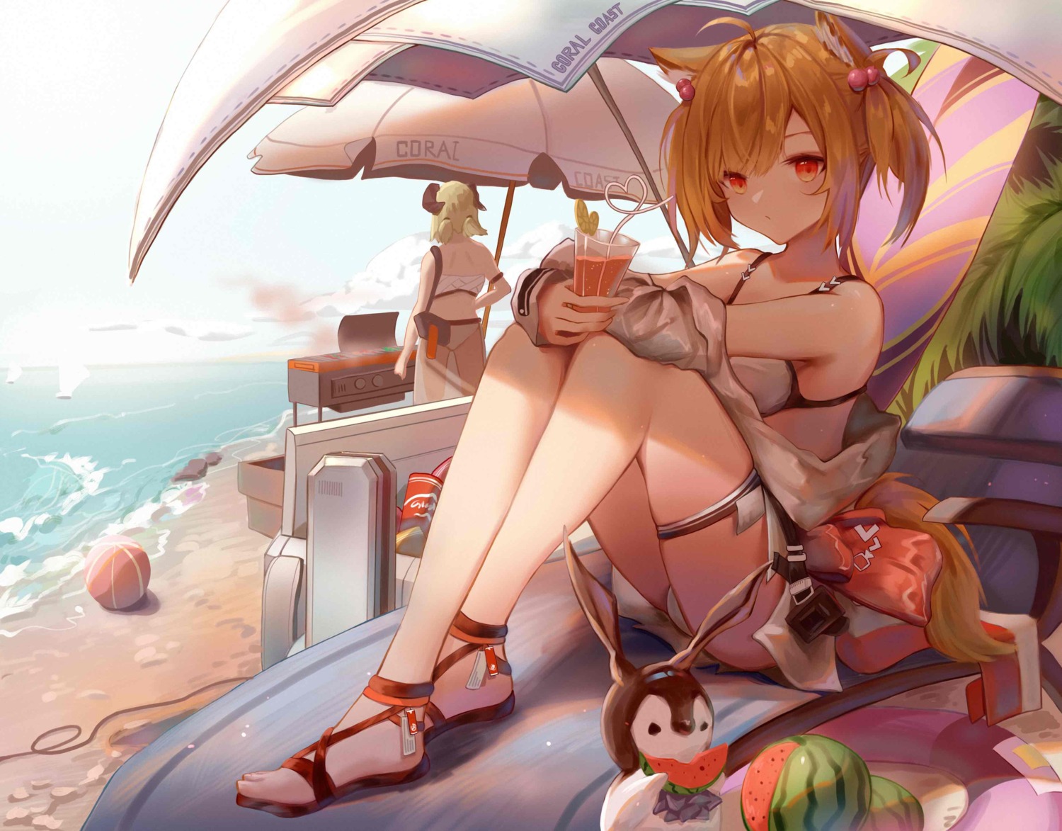 amiya_(arknights) animal_ears arknights ass bikini garter horns ifrit_(arknights) open_shirt river_(river_ga) sora_(arknights) swimsuits tail