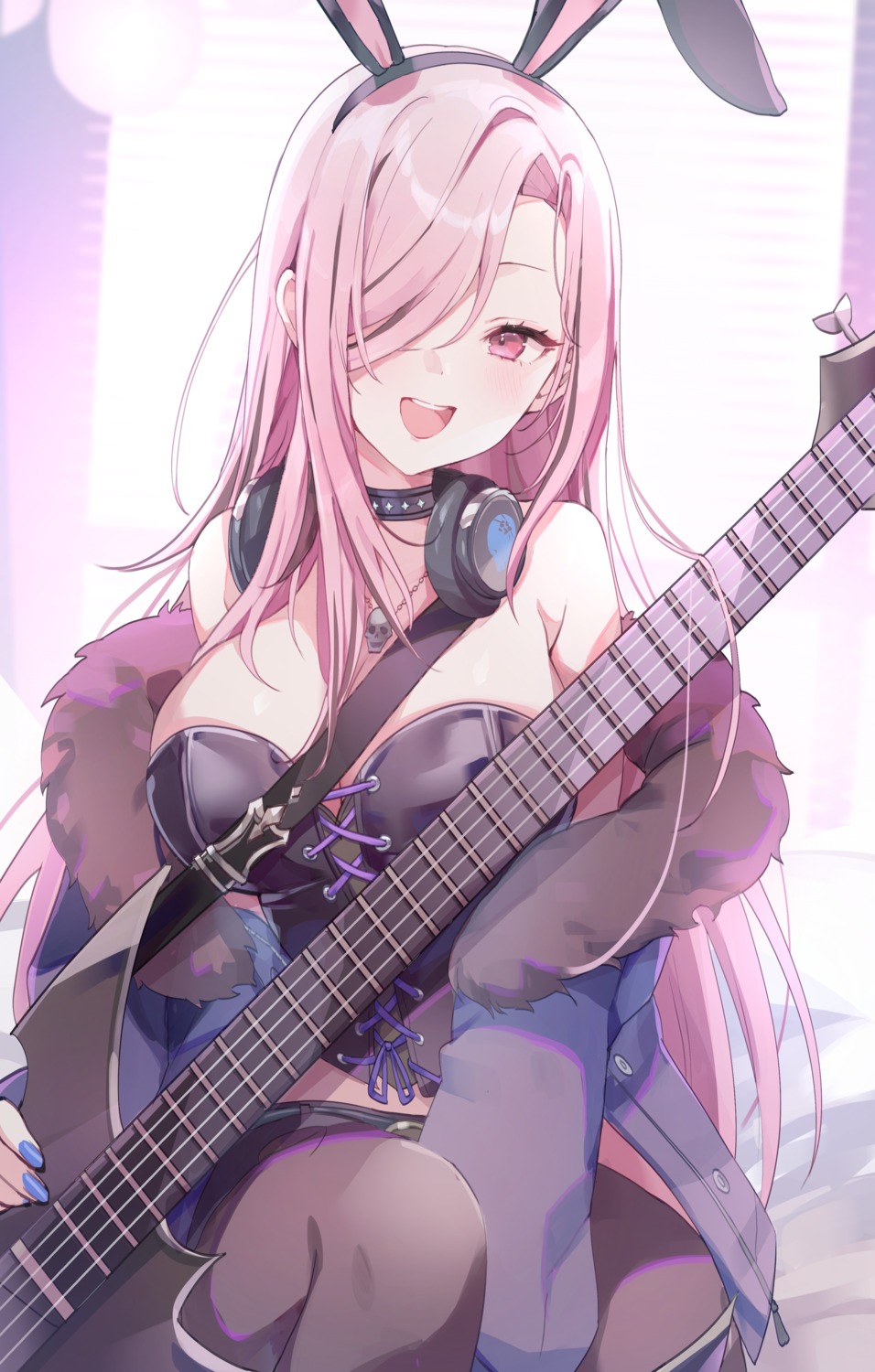 animal_ears bunny_ears guitar headphones hololive hololive_english misyune mori_calliope no_bra pantyhose