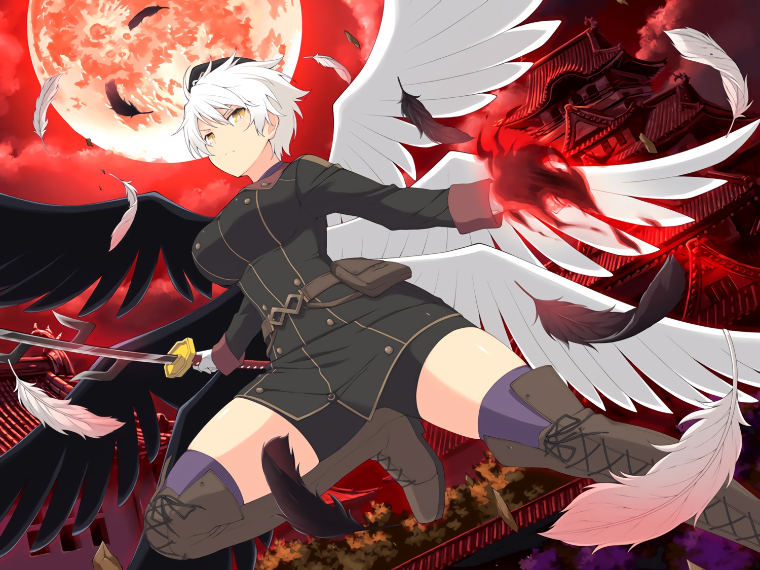 bike_shorts miyabi_(senran_kagura) senran_kagura sword thighhighs uniform wings yaegashi_nan