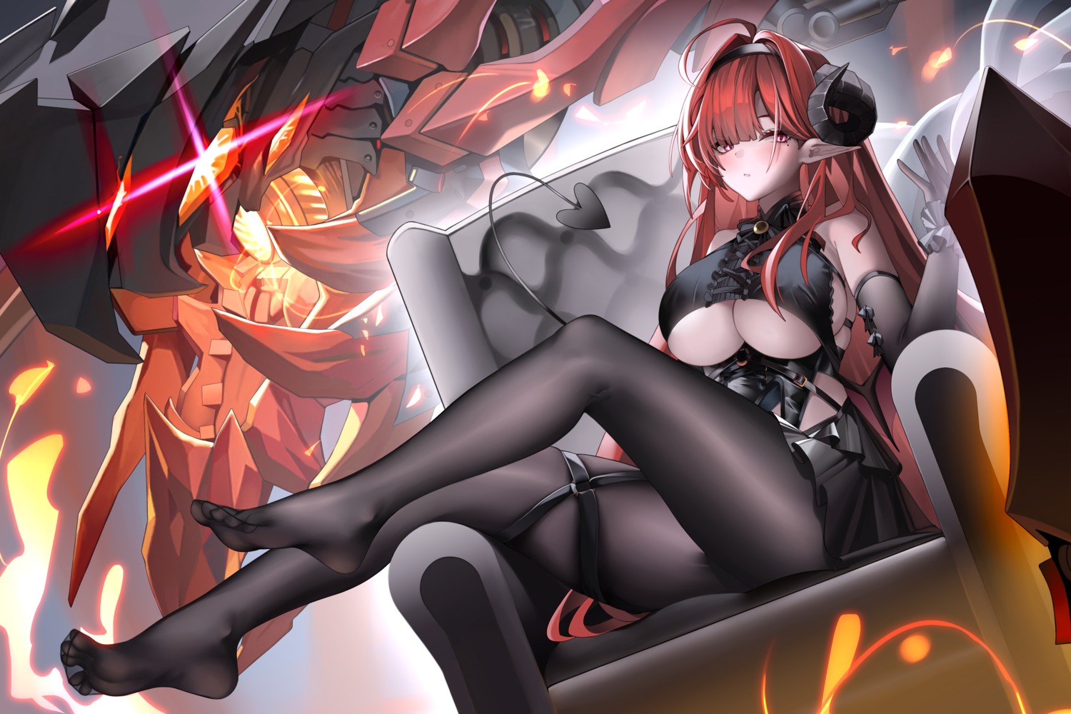 azur_lane feet garter hindenburg_(azur_lane) horns no_bra pantyhose pointy_ears shi_le_yuan skirt_lift tail