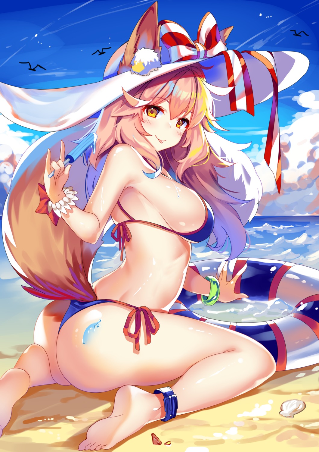 animal_ears ass bikini cream fate/extra fate/grand_order fate/stay_night feet hecha swimsuits tail tamamo_no_mae underboob