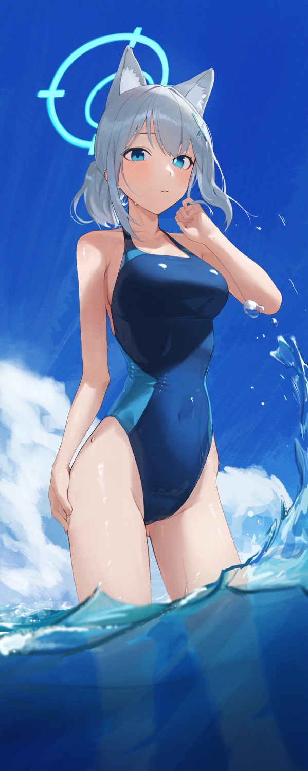 animal_ears blue_archive halo nekomimi so_shio sunaookami_shiroko swimsuits wet