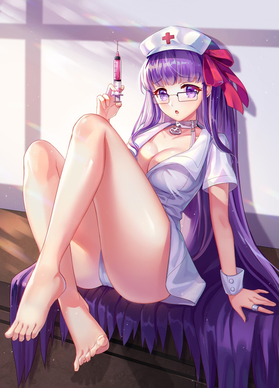 bb_(fate/extra_ccc) cameltoe cleavage fate/grand_order lalazyt megane no_bra nurse open_shirt pantsu see_through