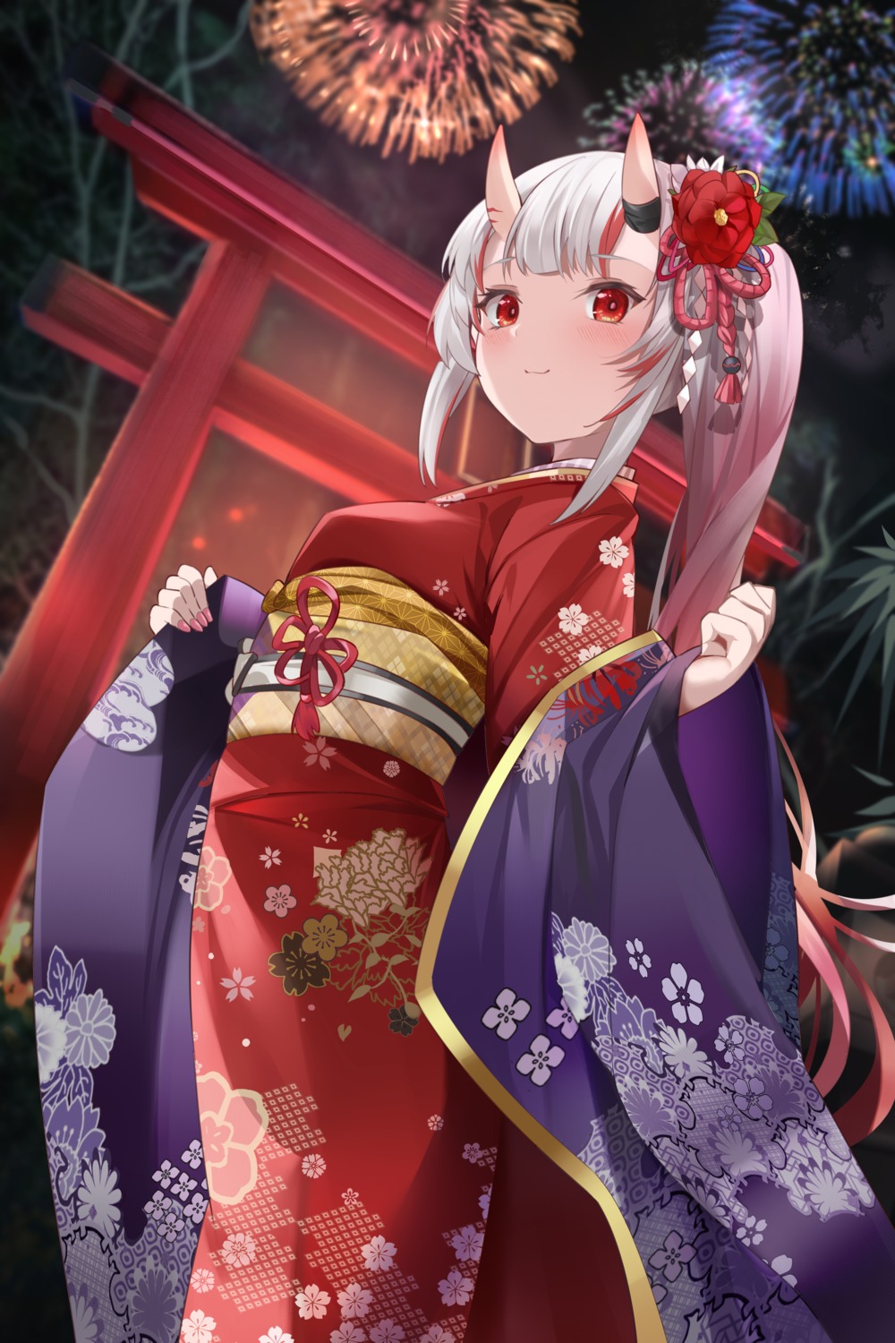 hololive horns kananote kimono nakiri_ayame