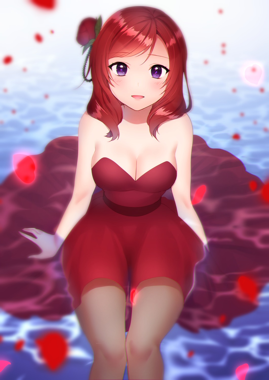 cleavage dress kazepana love_live! nishikino_maki no_bra pantyhose wet