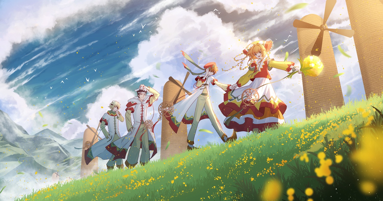 dress eyepatch fai_d._flourite kinomoto_sakura kurogane landscape li_syaoran so_tsubasa tsubasa_reservoir_chronicle