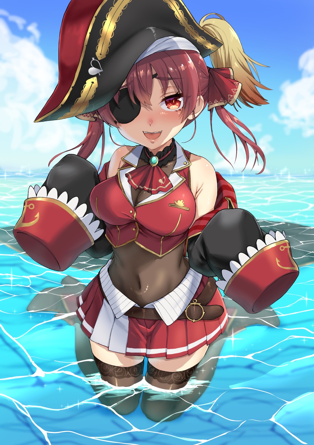 eyepatch hololive houshou_marine minatasiro pirate thighhighs wet