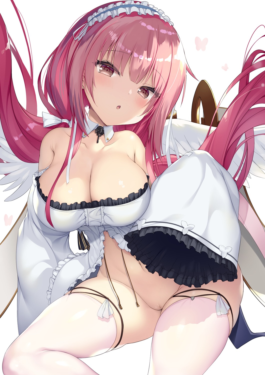 artist_revision azur_lane dress garter no_bra nopan ochinsama perseus_(azur_lane) pussy skirt_lift stockings thighhighs uncensored wings