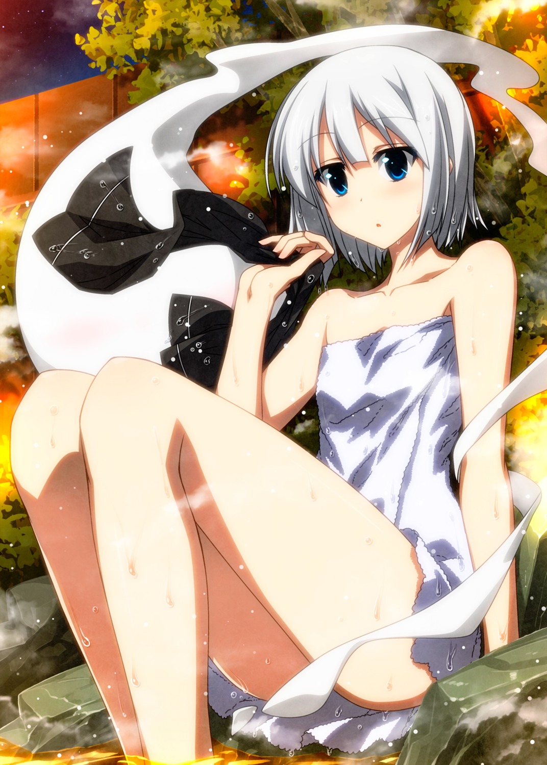 konpaku_youmu onsen sazanami_mio touhou towel wet