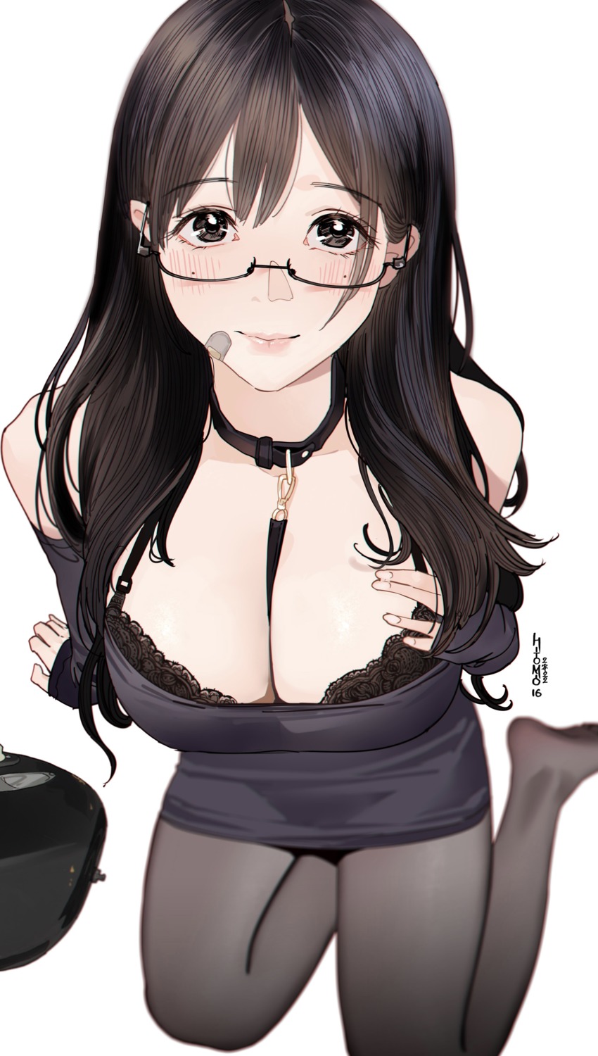 bandaid bra breast_hold cleavage dress guitar hitomi_o megane pantyhose