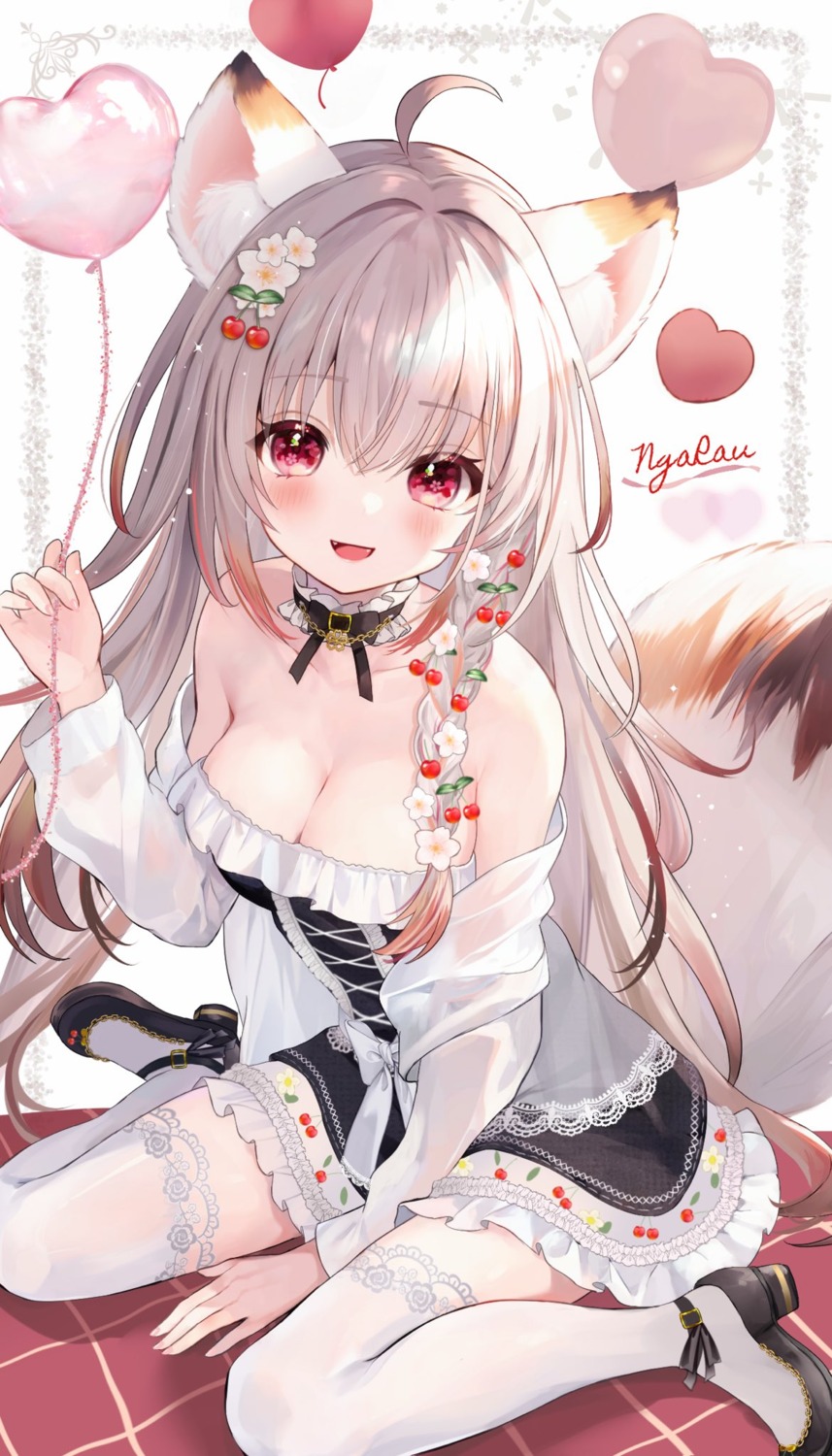 animal_ears aria_(ariacue) dress indie_virtual_youtuber nga_rau no_bra see_through tail thighhighs