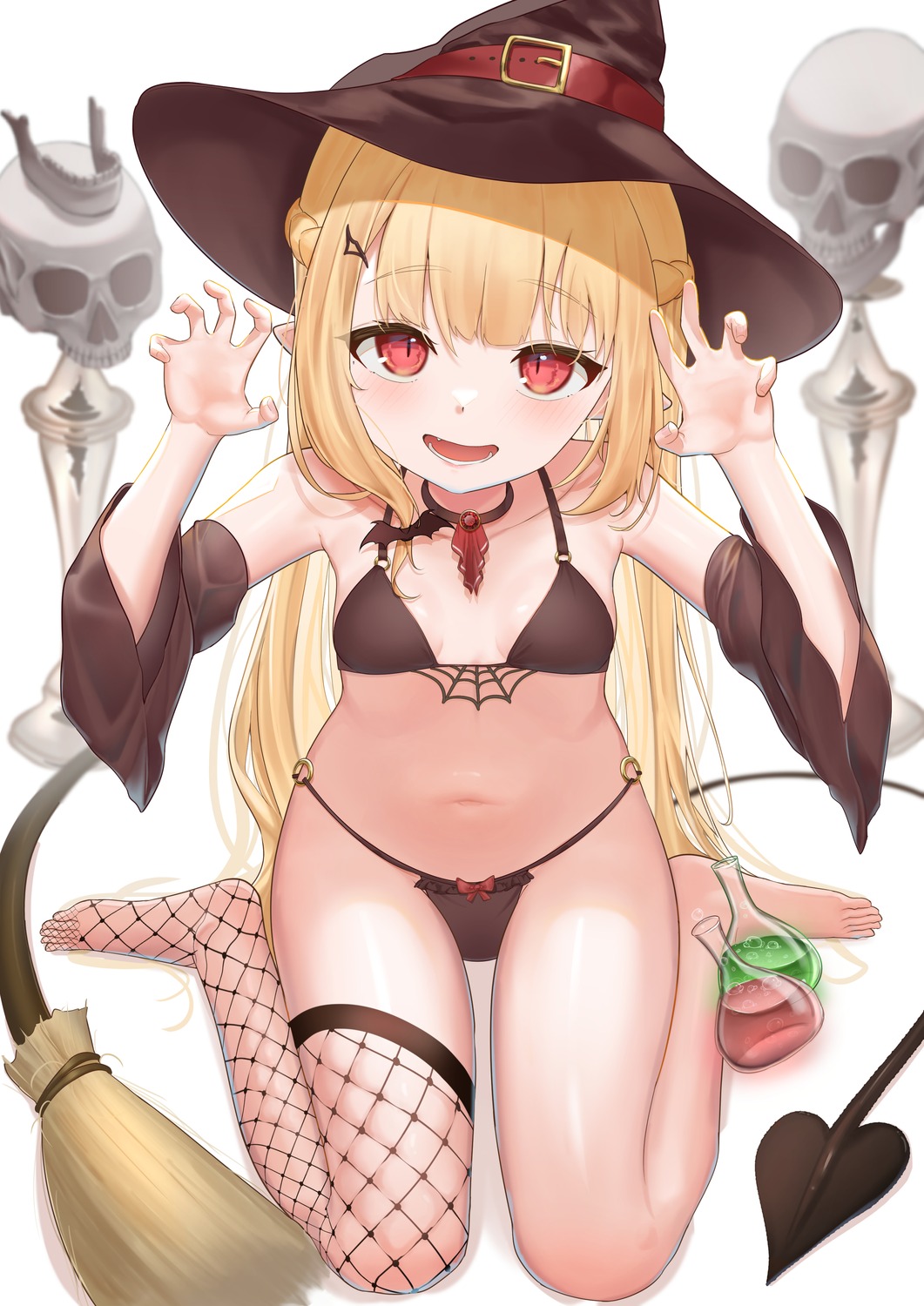 bikini fishnets halloween harutaruouob loli pointy_ears swimsuits tagme tail thighhighs witch