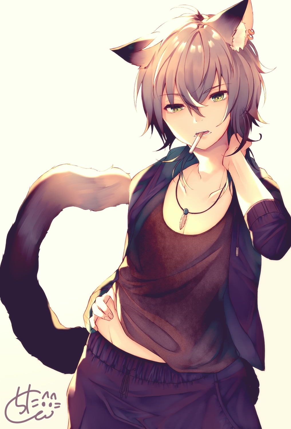 animal_ears chita_(ketchup) cleavage male smoking tail