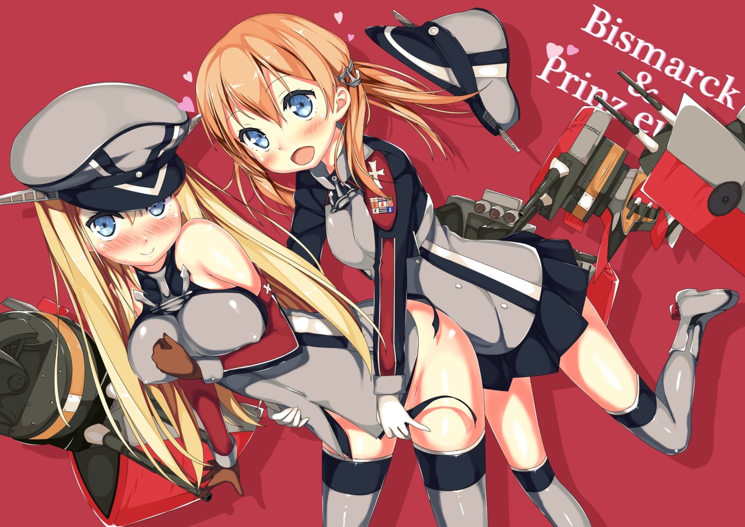 bismarck_(kancolle) breast_hold erect_nipples kantai_collection kawai prinz_eugen_(kancolle) thighhighs torn_clothes yuri